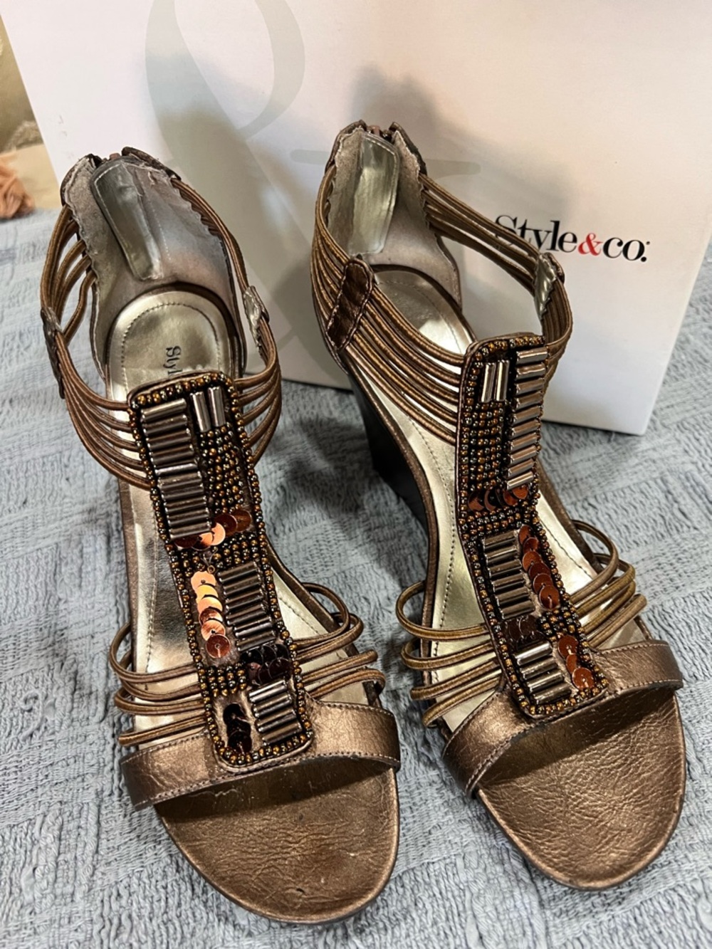 Style & Co. Bronze Beaded Strappy Heels